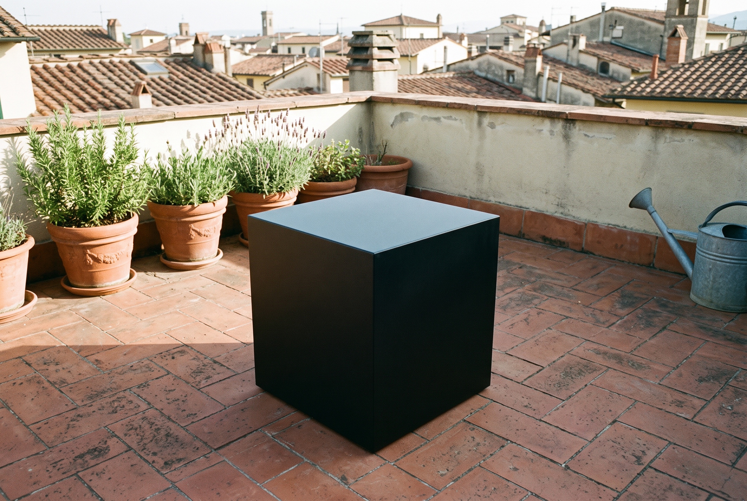 Il cubo nero sul terrazzo, visto dall'alto